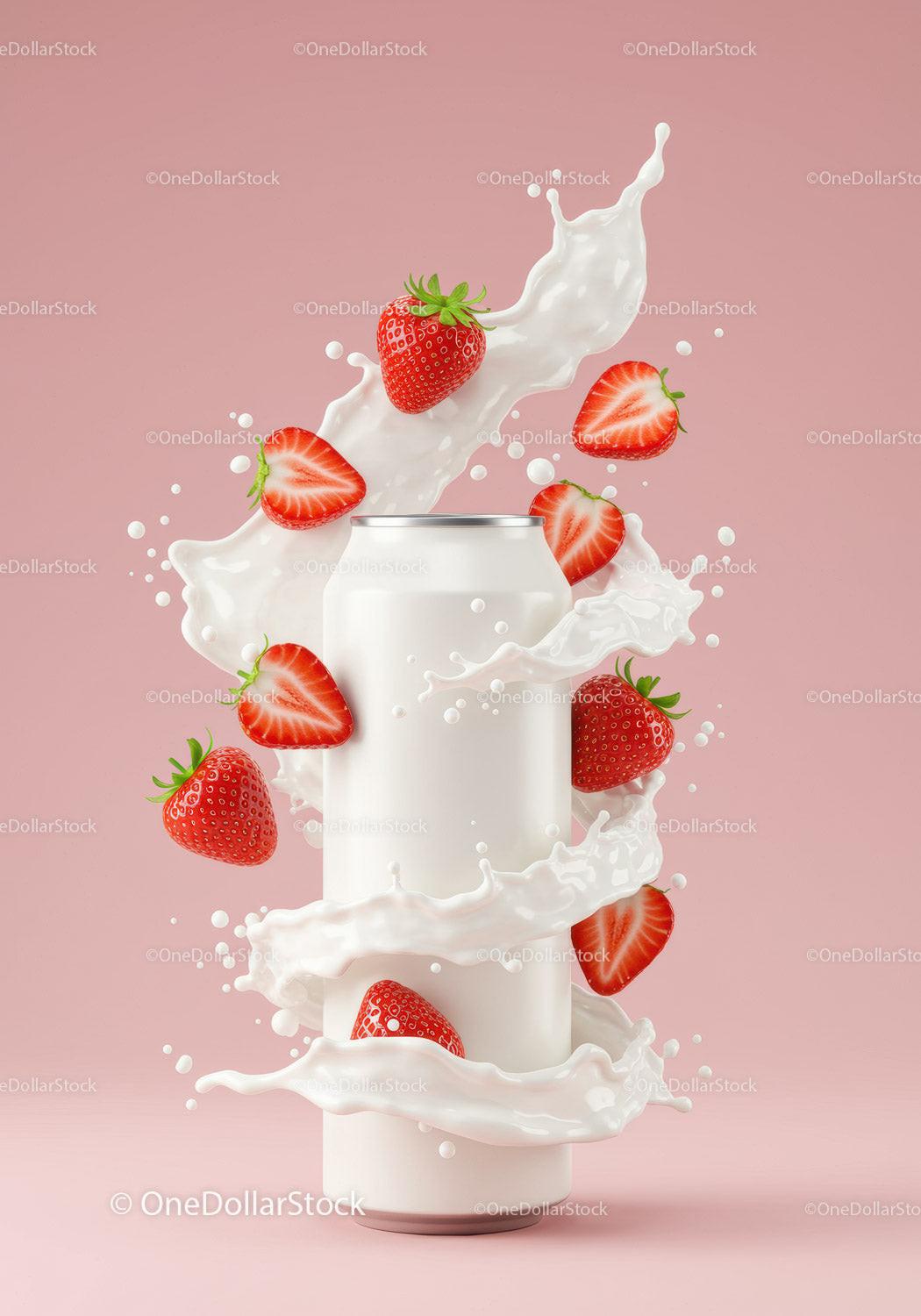 Strawberry splash around white beverage can on pink JPG Mockup Image preview
