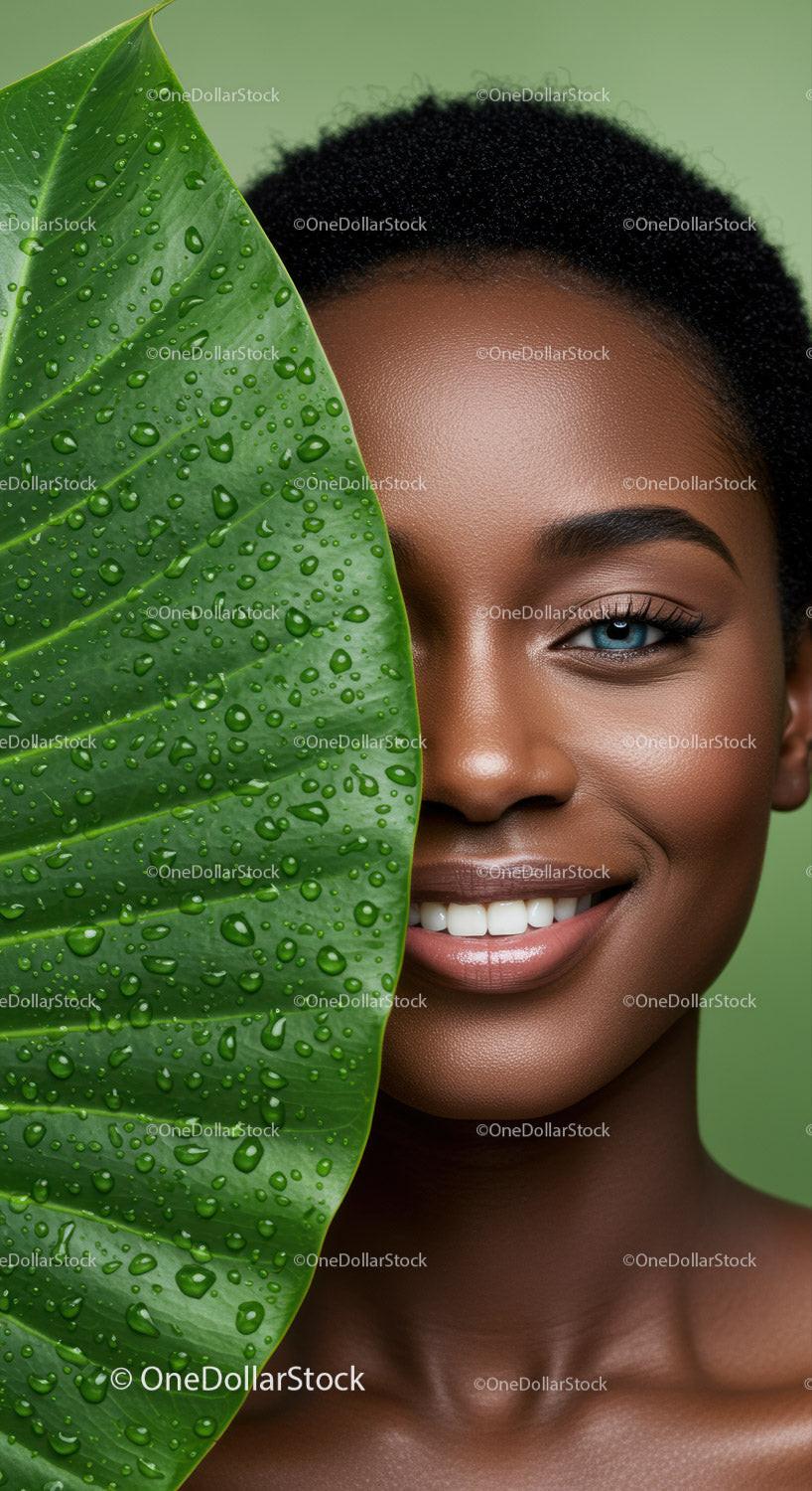 Close-Up of Smiling Woman with Green Leaf and Water Droplets