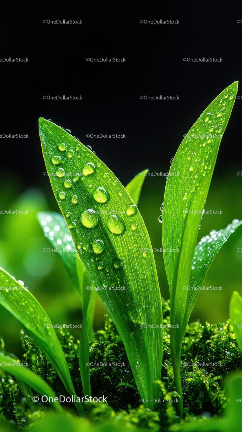 Fresh Dewy Grass Blades with Water Droplets in Natural Green Scene