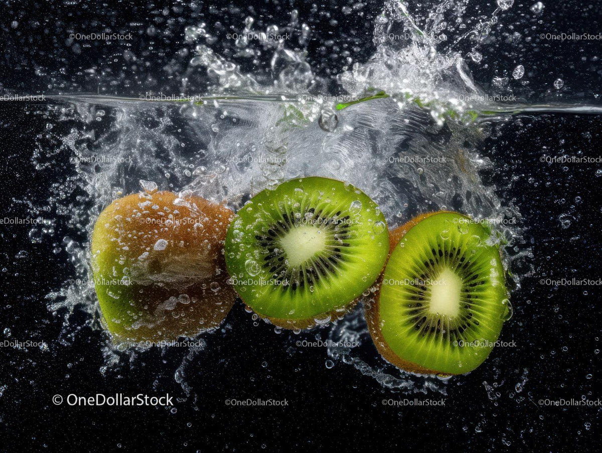 Vibrant Green Kiwi Fruit Slices Splash in Water