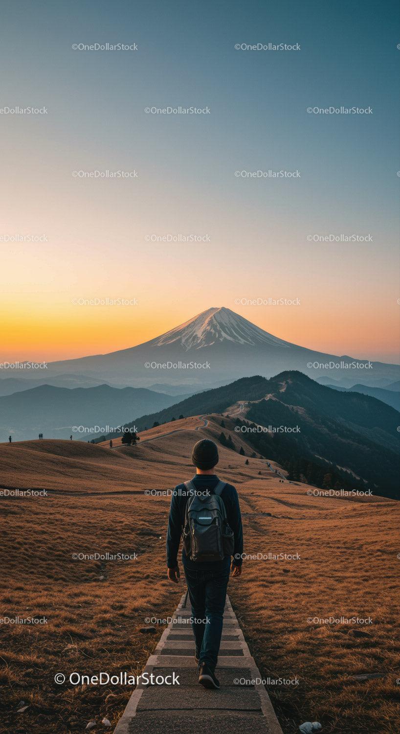 Scenic Mountain Hike with Snow-Capped Volcano in Sunset Light
