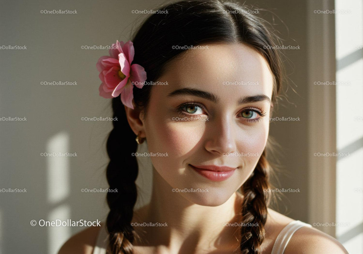 Young Woman with Braided Hair and Pink Flower in Loose Braid Portrait