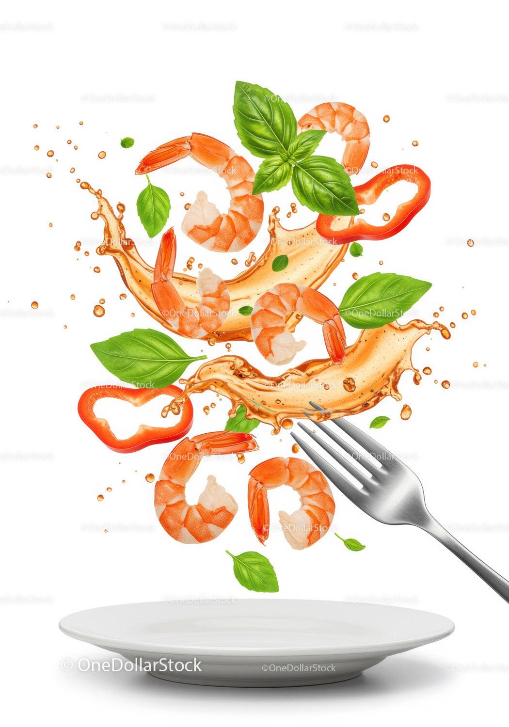 Fresh Shrimp Salad Ingredients Splashing Over Plate