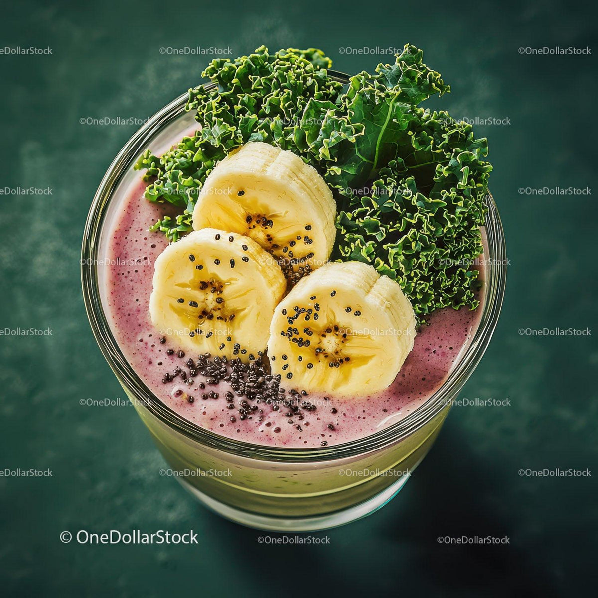 Banana Slices and Kale in Colorful Acai Smoothie Bowl