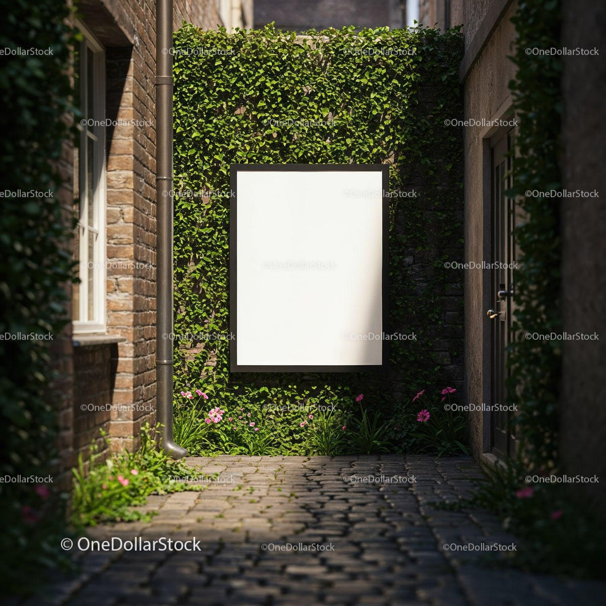 Blank billboard on ivy covered wall in narrow alley JPG Mockup Image preview