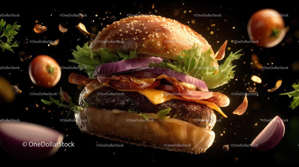 Juicy Gourmet Burger with Fresh Vegetables on Dark Background Stock Photo Bundle preview 9