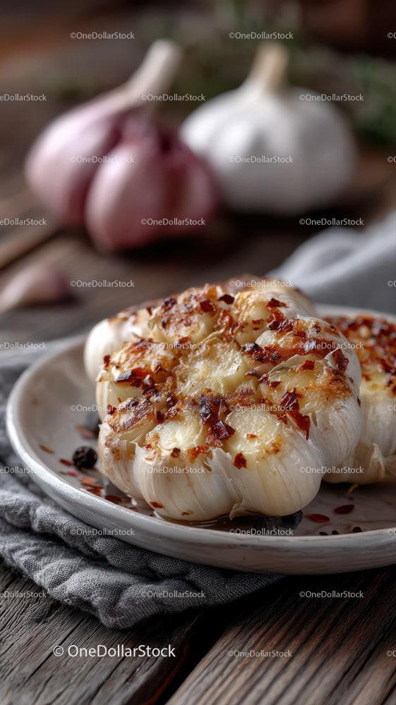 Roasted Garlic Cloves with Rosemary on Rustic Wooden Table Stock Photo Bundle preview 17