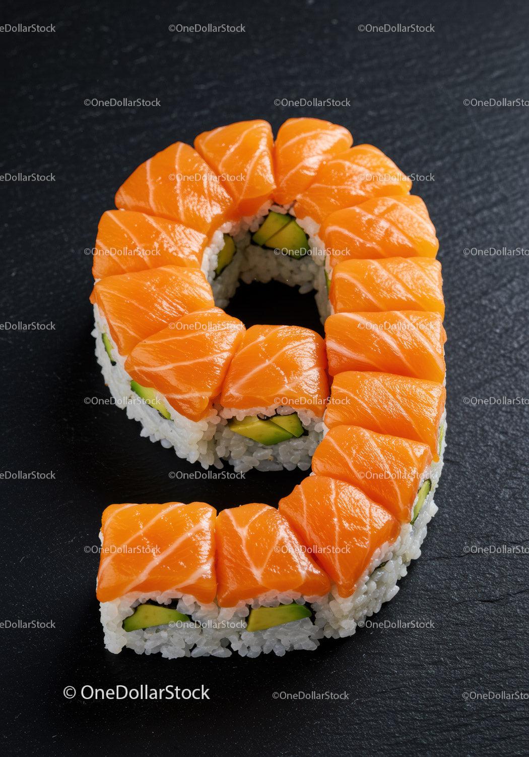 Sushi Roll Arranged in Number Nine Shape with Salmon