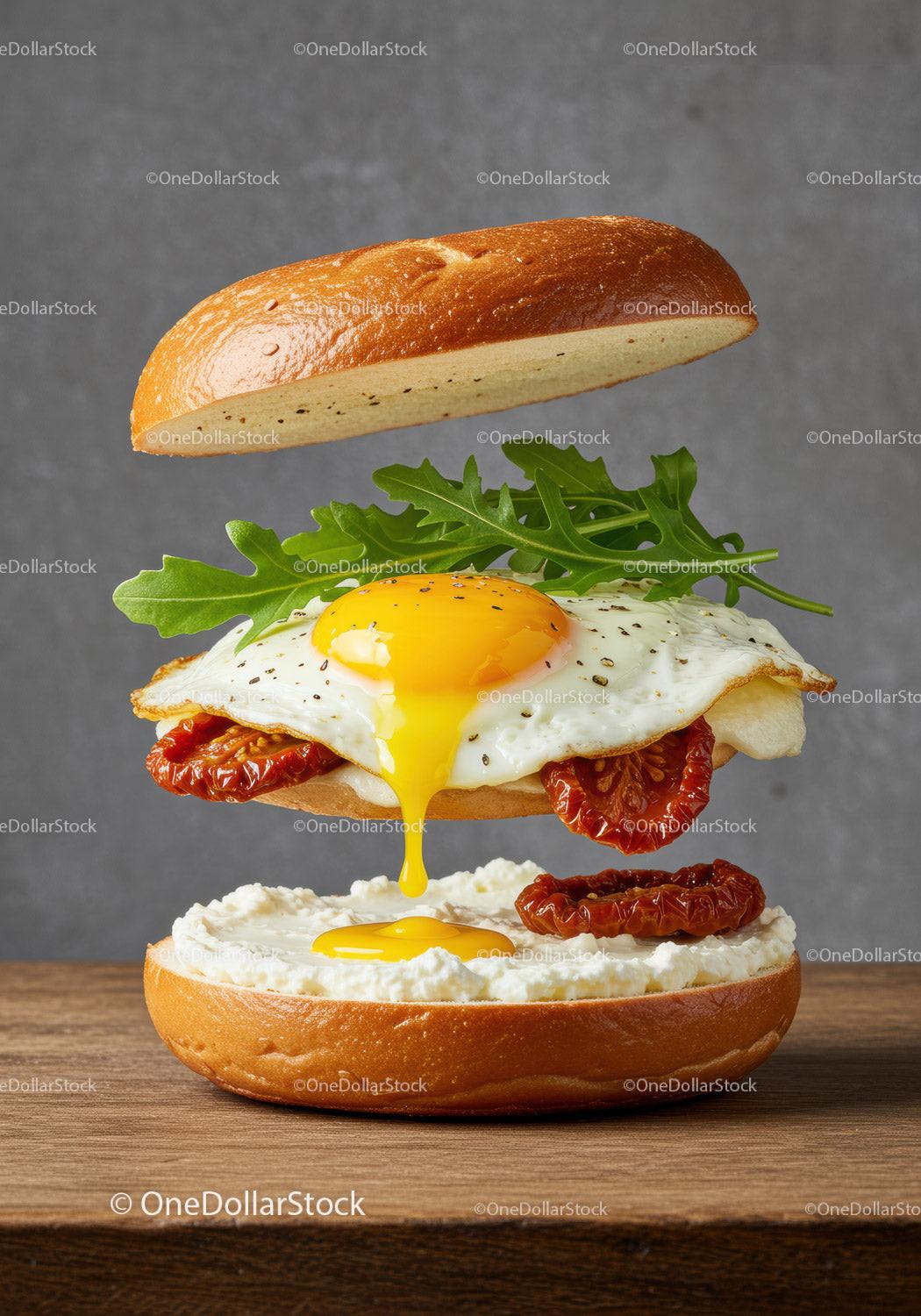 Fried egg sandwich with sun-dried tomatoes and arugula