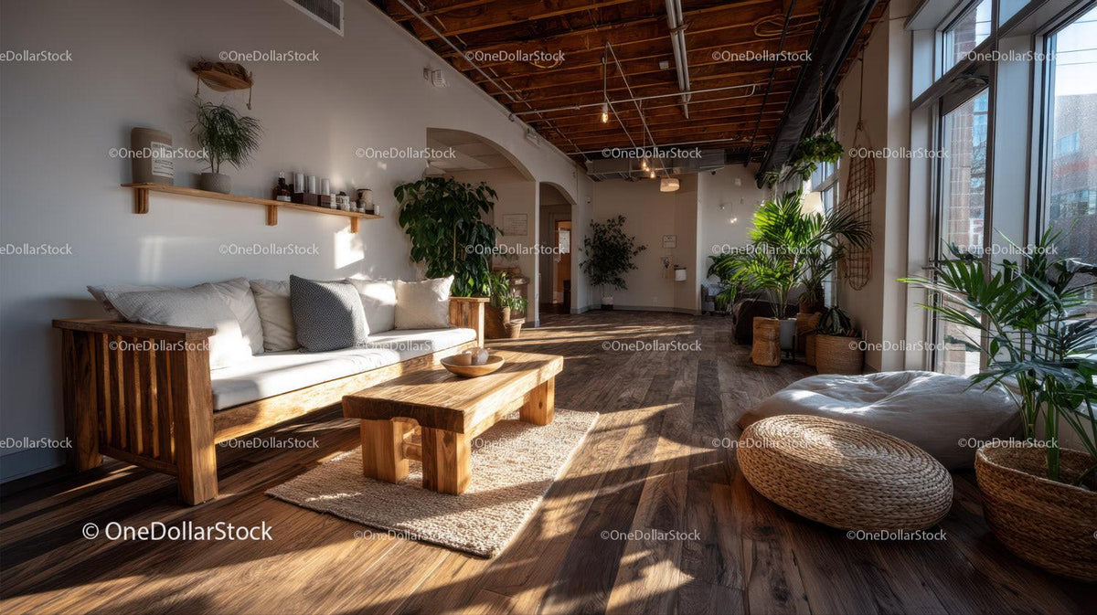 Bright Modern Living Room with Indoor Plants and Wooden Furniture