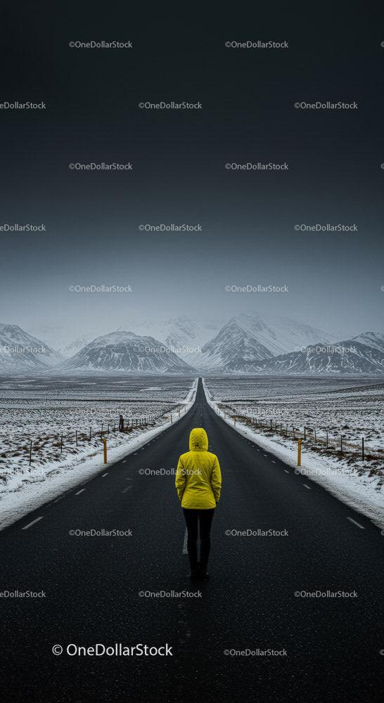 Lonely Traveler in Yellow Jacket on Snow-Covered Road 15 JPG Files digital asset preview