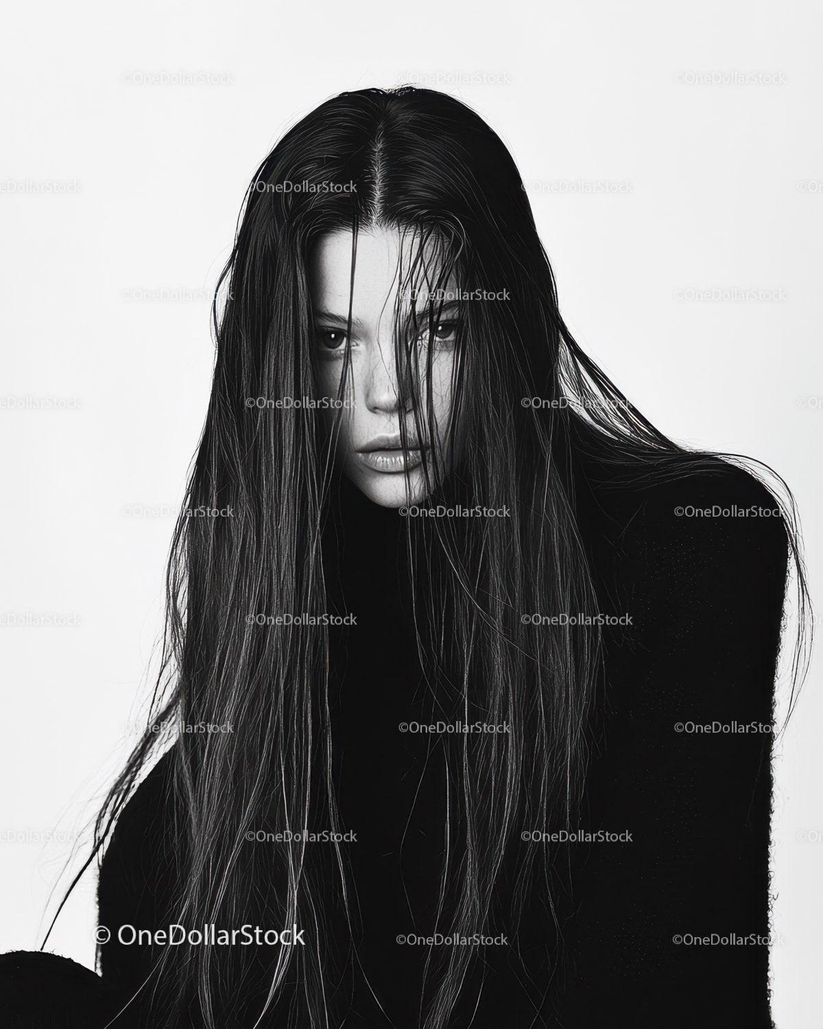 Elegant Black and White Portrait of Woman with Wet Hair