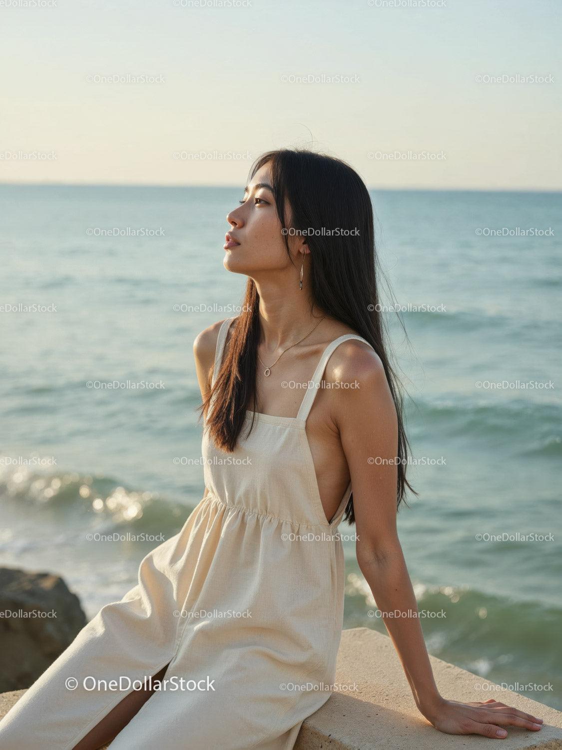 Elegant Woman in White Dress Sitting by Relaxing Seaside Landscape Stock Photo Bundle preview 9