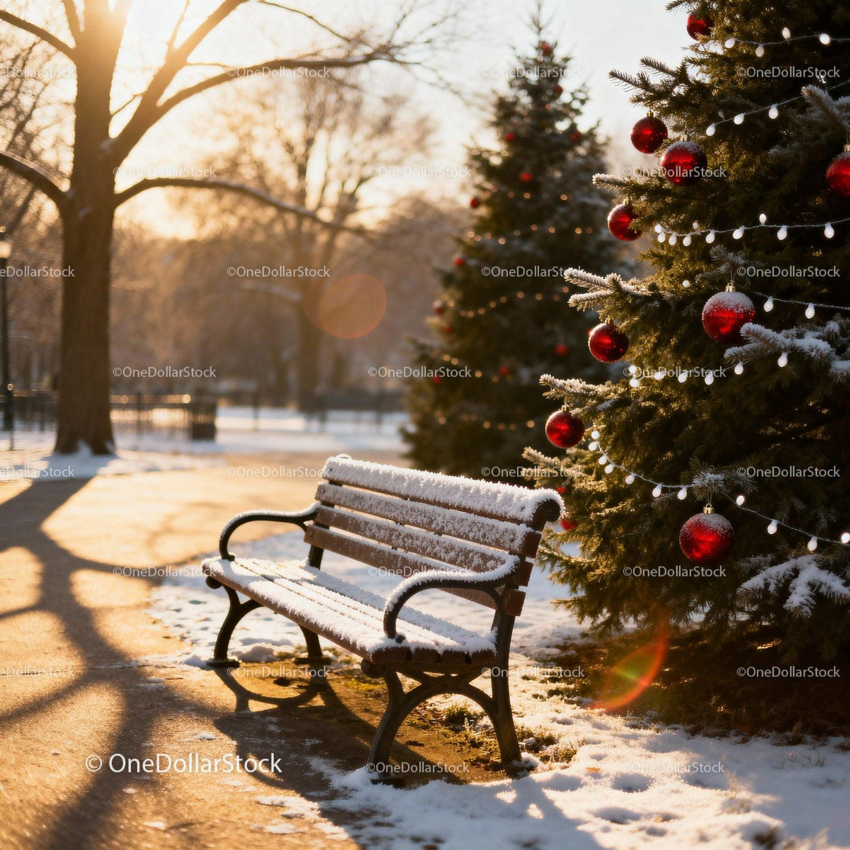Snowy park bench beside decorated Christmas trees at sunset