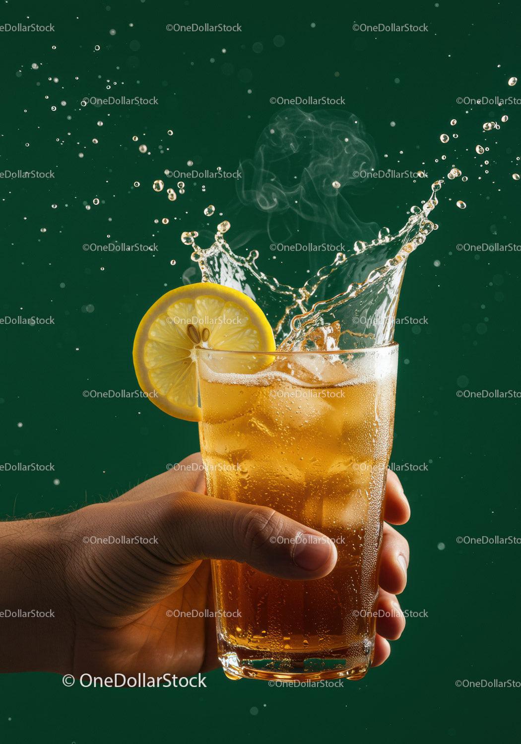 Refreshing iced tea with lemon slice and splash effect