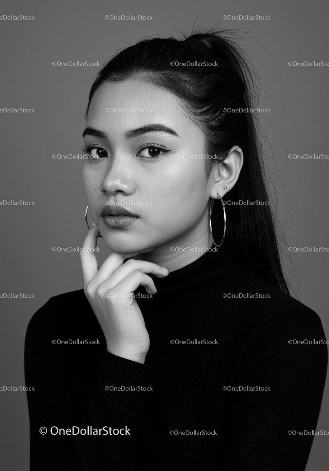 Elegant Black and White Portrait of a Young Woman with Confident Expression