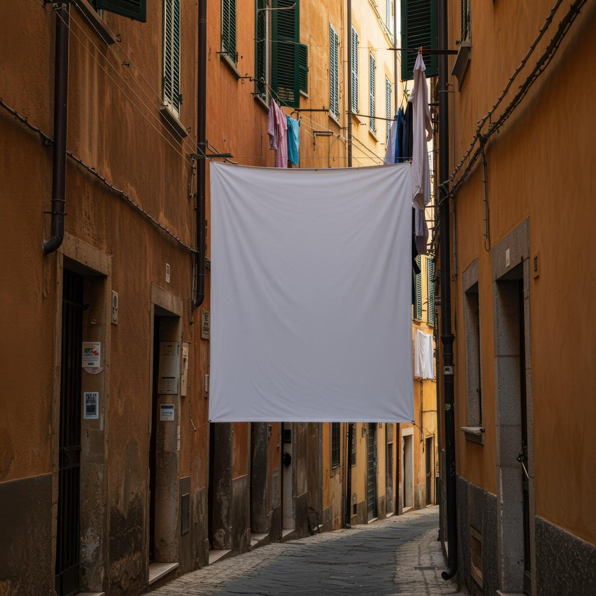 Narrow street with hanging laundry in old town JPG Mockup Image preview