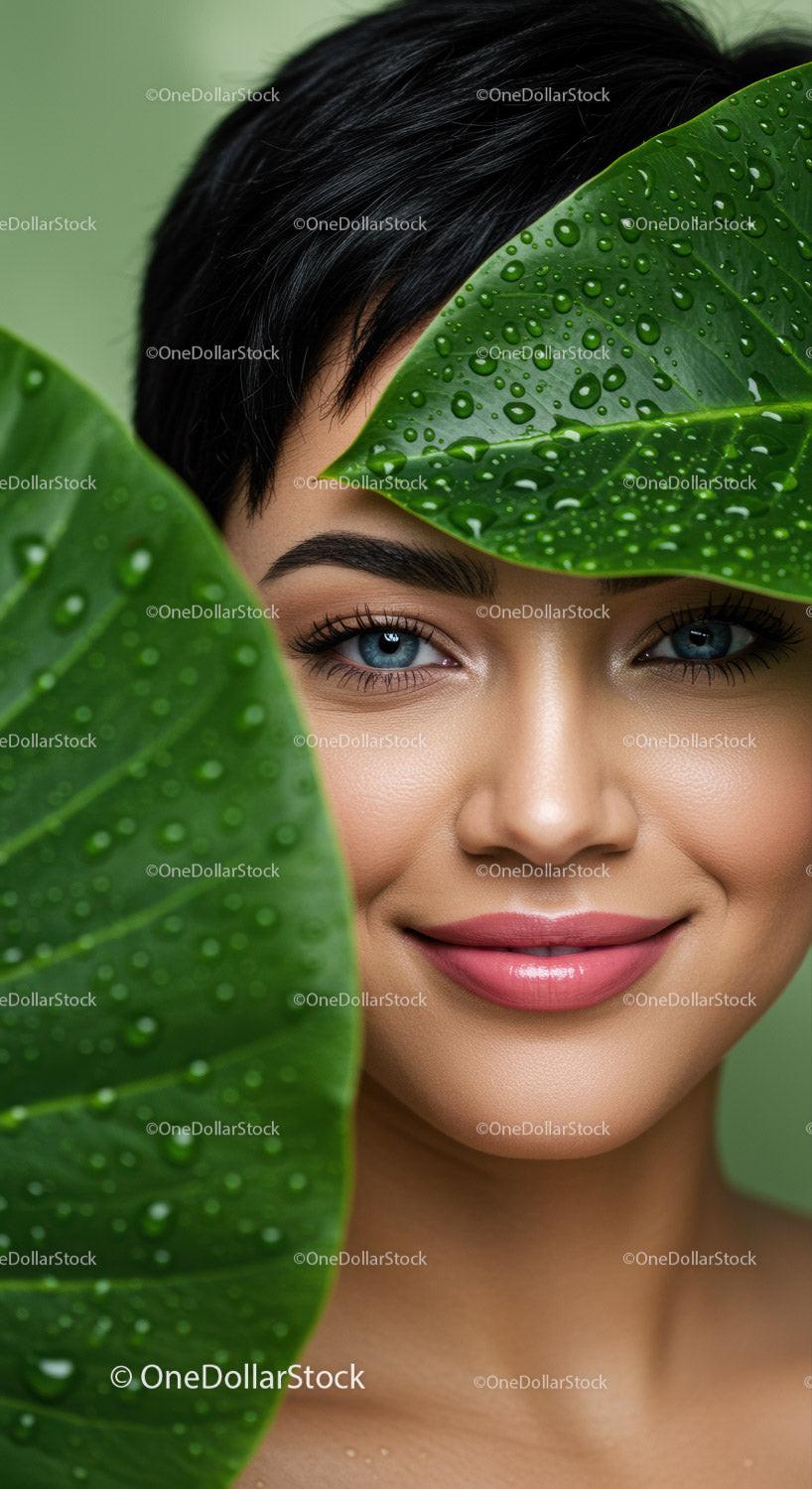 Beautiful Woman with Blue Eyes Surrounded by Lush Green Tropical Leaves