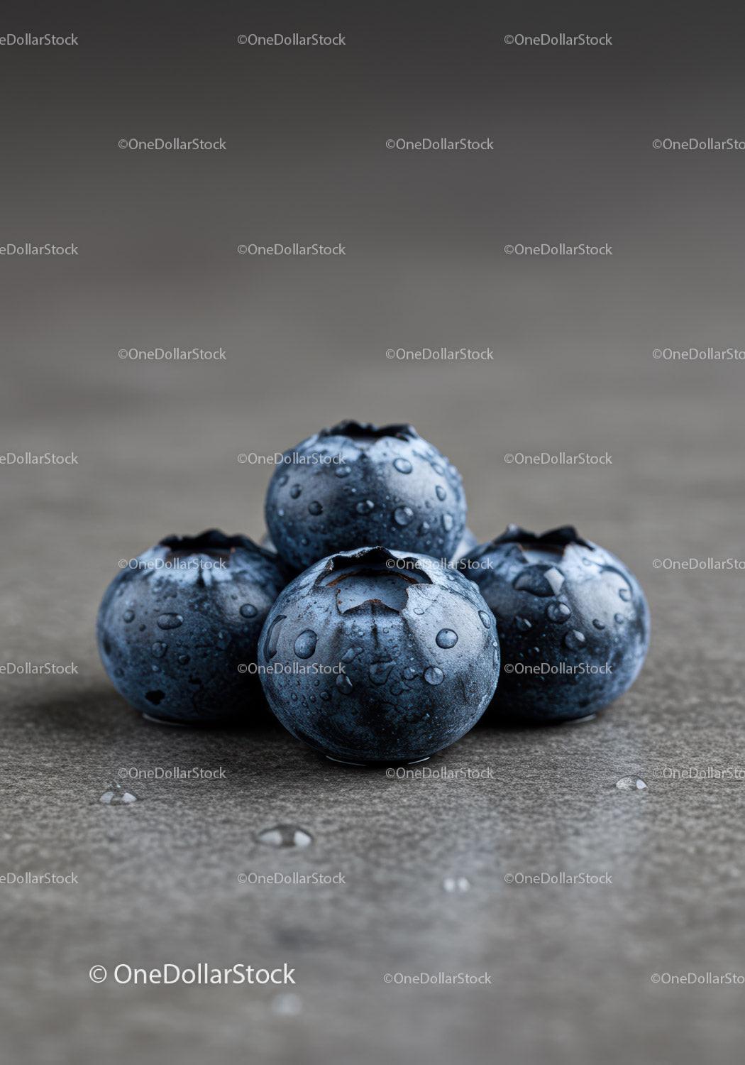 Four Fresh Blueberries with Water Droplets on Gray Surface