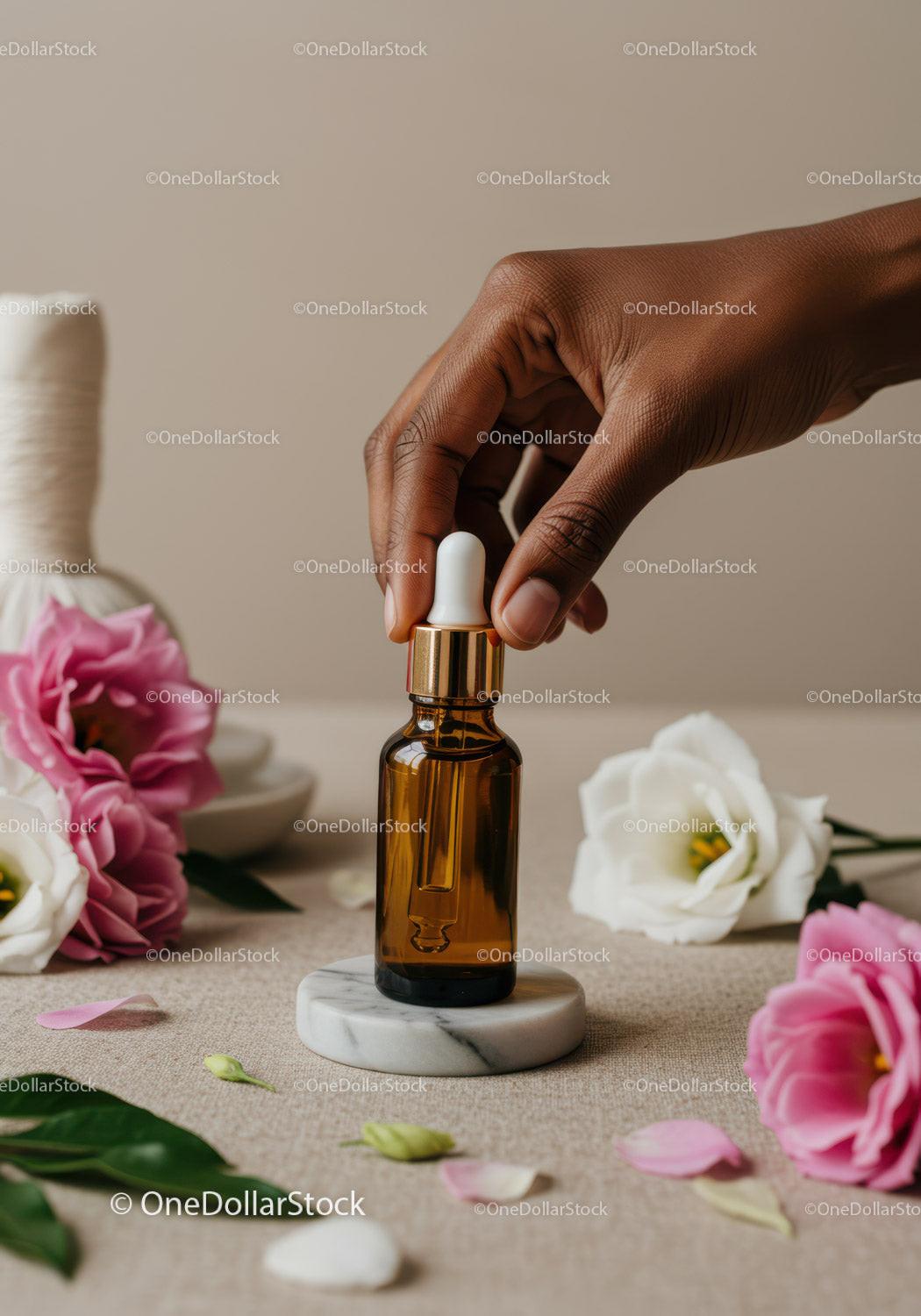 Natural Essential Oil Dropper Bottle with Flowers and Marble Base JPG Mockup Image preview