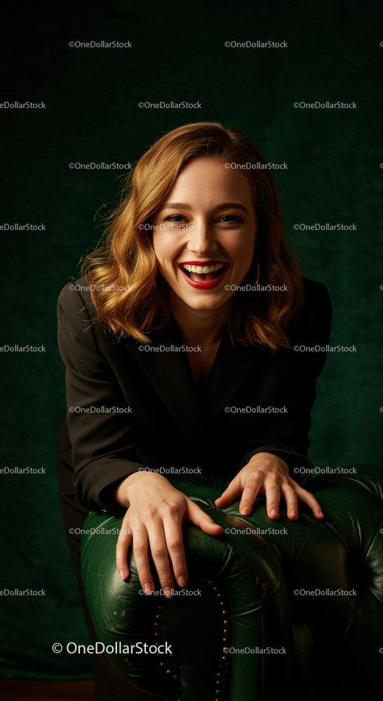 Confident Smiling Woman in Stylish Attire Sitting on Leather Sofa Stock Photo Bundle preview 13