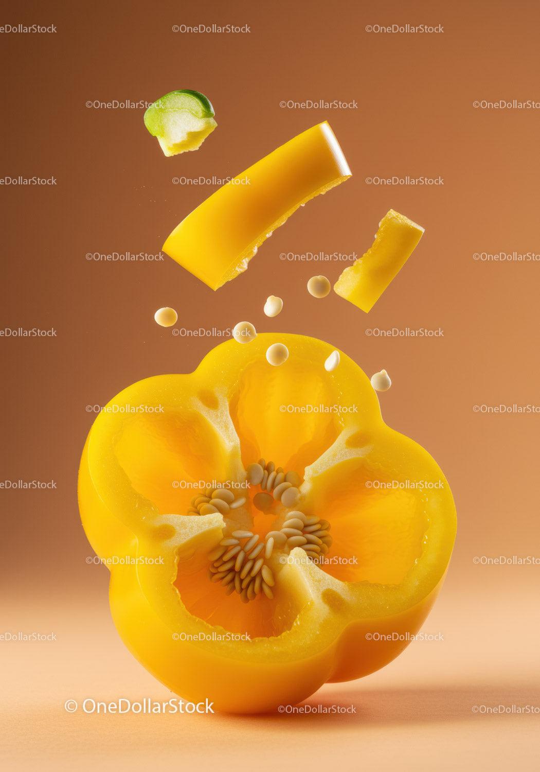 Fresh Yellow Bell Pepper Floating with Seeds