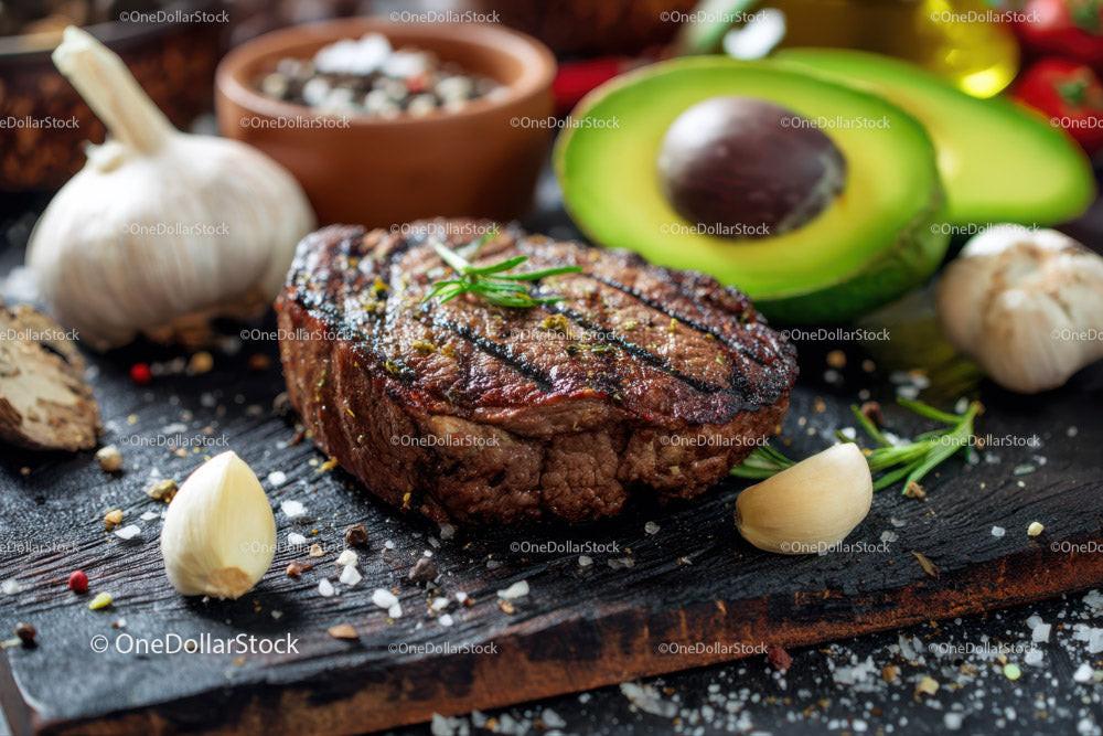 Juicy Grilled Steak with Fresh Avocado and Garlic Cloves on Wooden Board