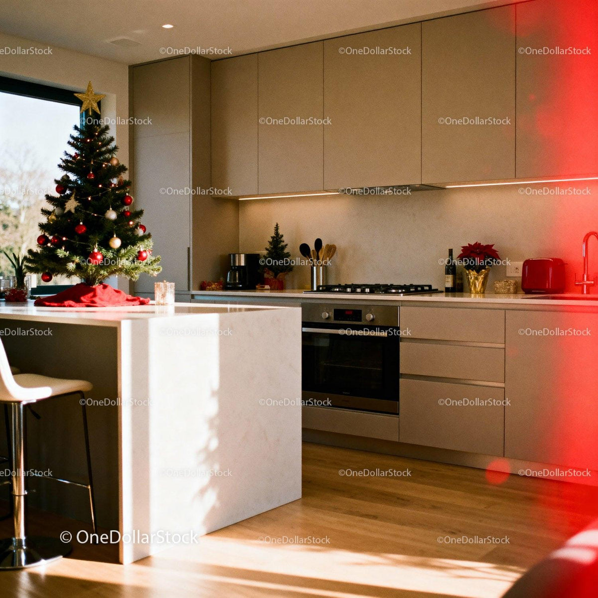 Modern kitchen warmly decorated for Christmas celebration