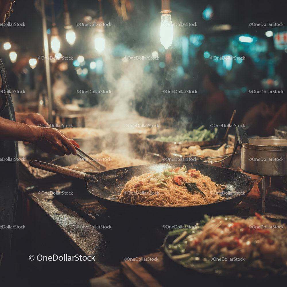 Street Food Wok Cooking at Night Market with Steaming Noodles