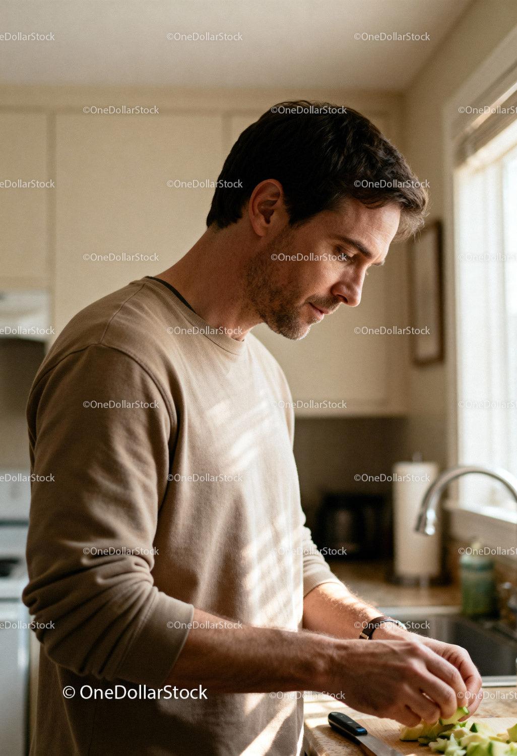 Man focused on chopping vegetables in cozy kitchen