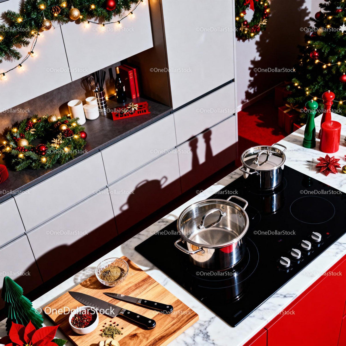 Modern kitchen with festive Christmas decorations and cookware