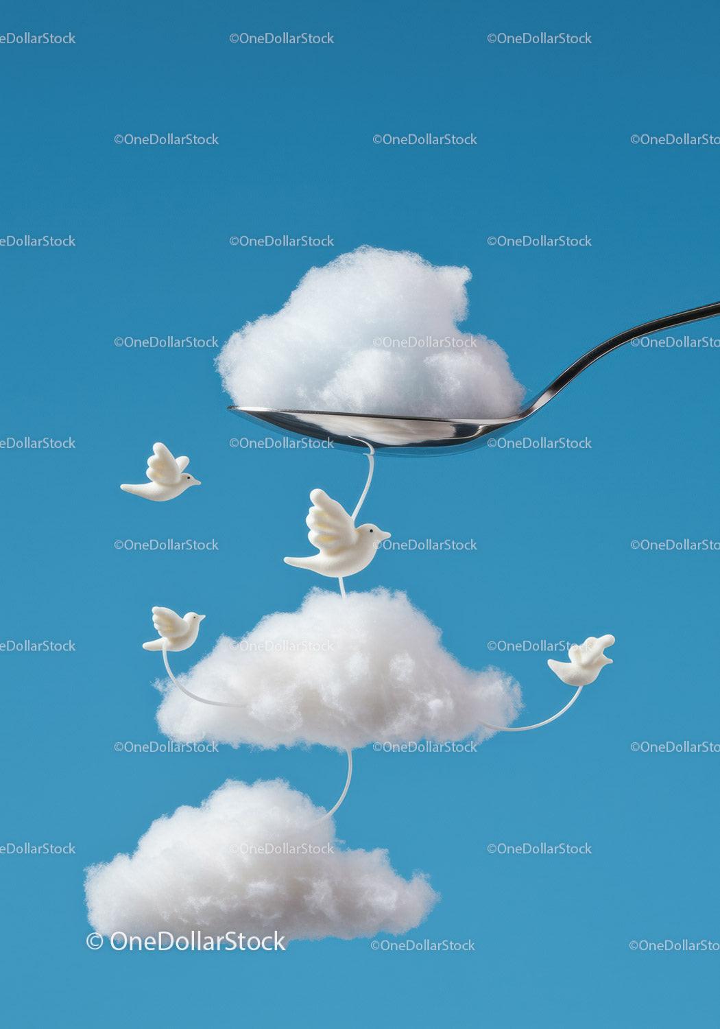 Creative Cloud Birds Hanging from Spoon Against Blue Sky