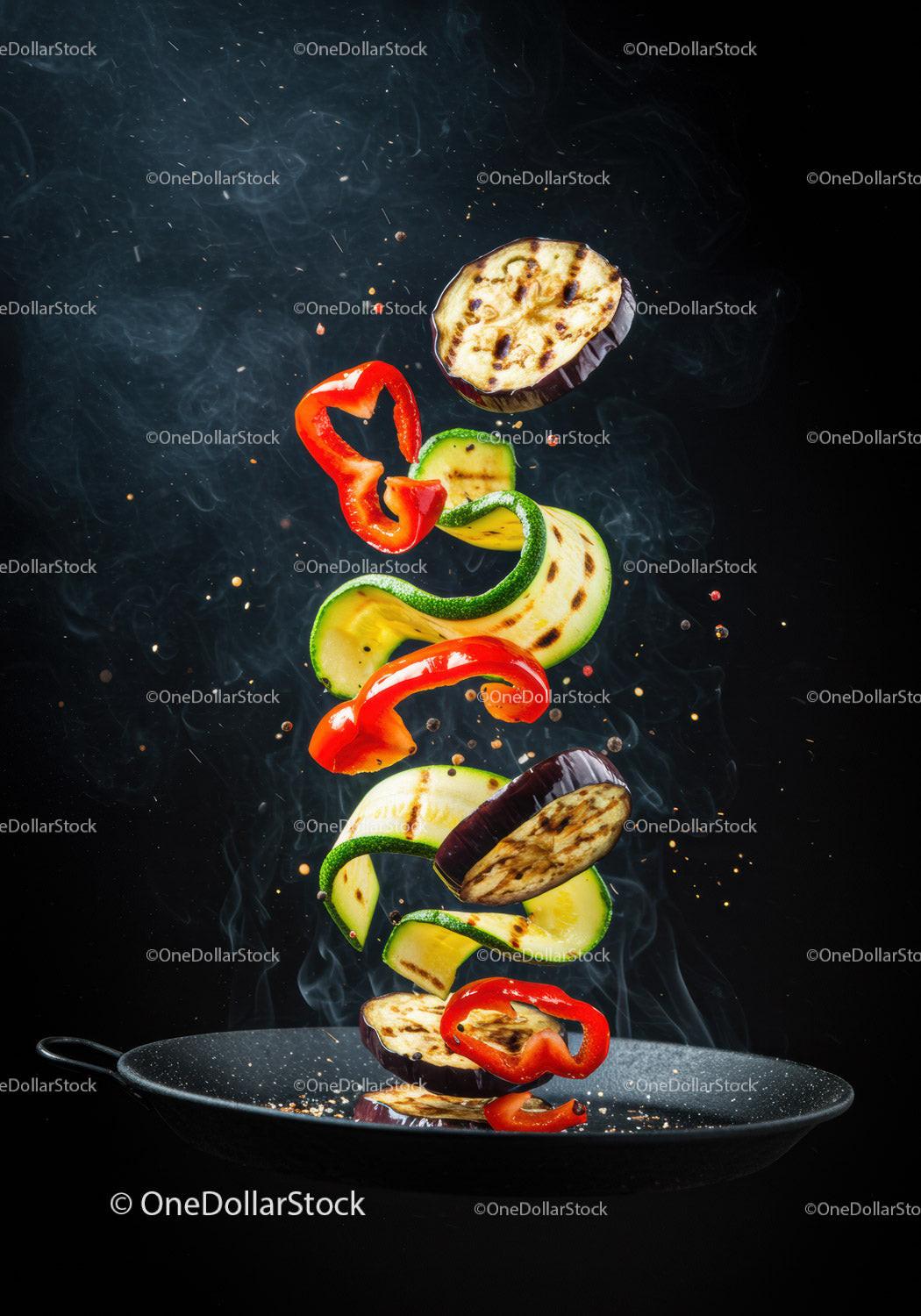 Grilled Vegetable Slices Suspended Above Pan