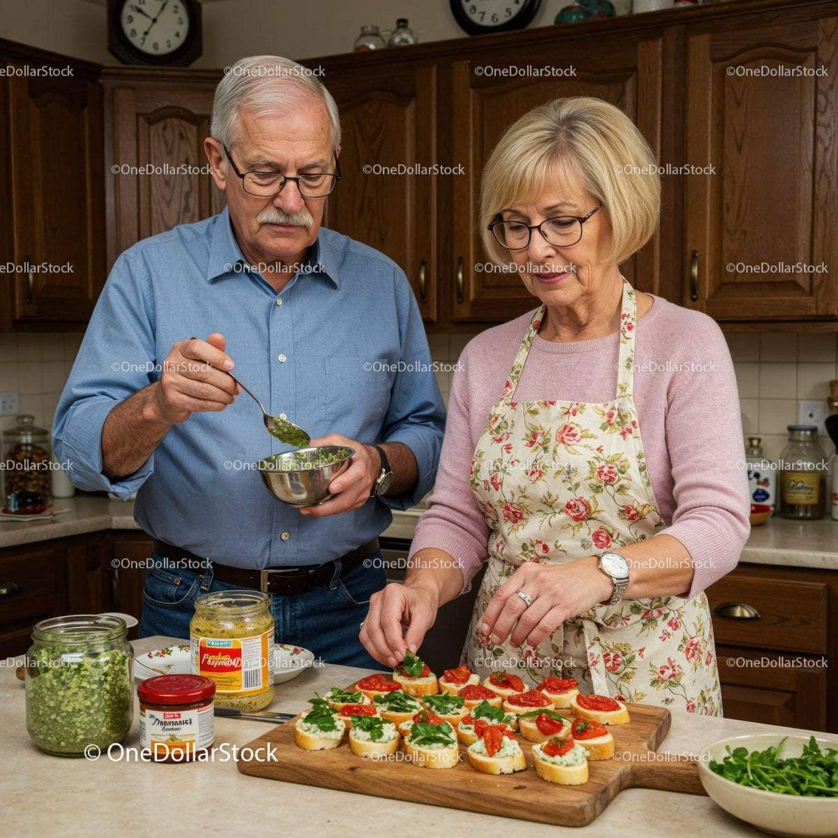 Senior couple preparing fresh appetizers in cozy kitchen