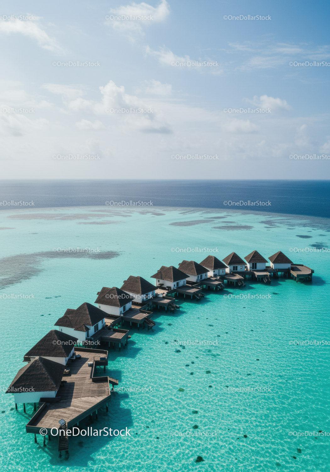 Overwater Bungalows in Tropical Paradise with Turquoise Waters