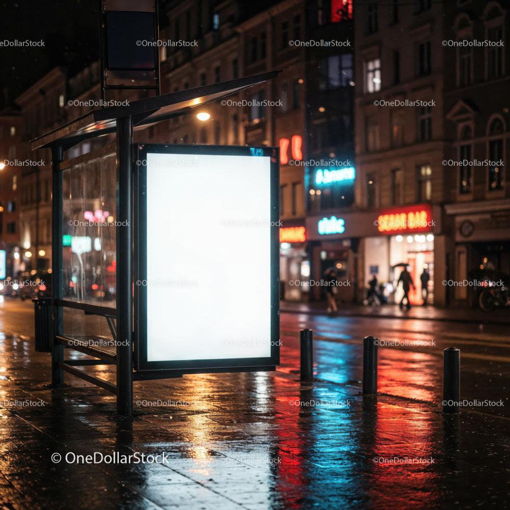 Night City Street with Illuminated Bus Stop and Neon Signs JPG Mockup Image preview 20