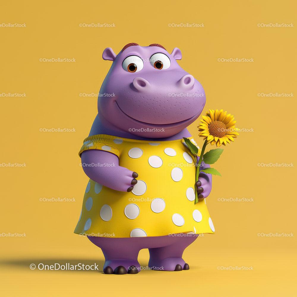 Cute Cartoon Hippo Holding Sunflower in Yellow Dress for Kids Illustration Stock Photo Bundle preview 7