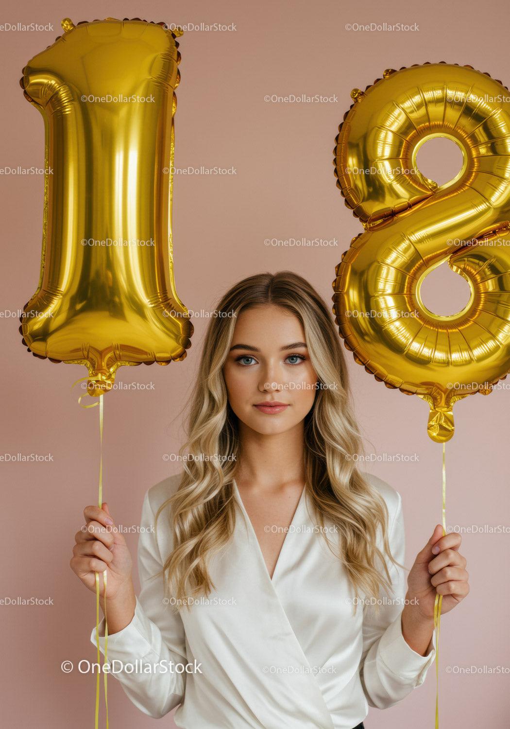 Young woman celebrating 18th birthday with gold balloons