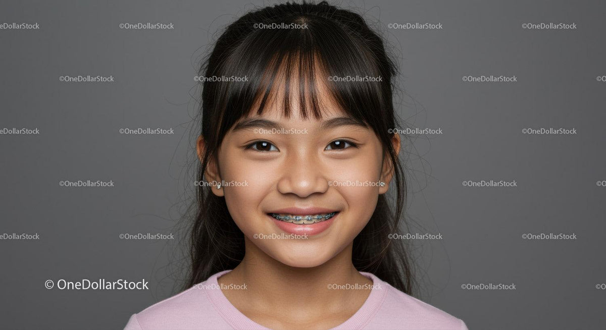 Portrait of a Happy Girl with Braces in Casual Pink Top