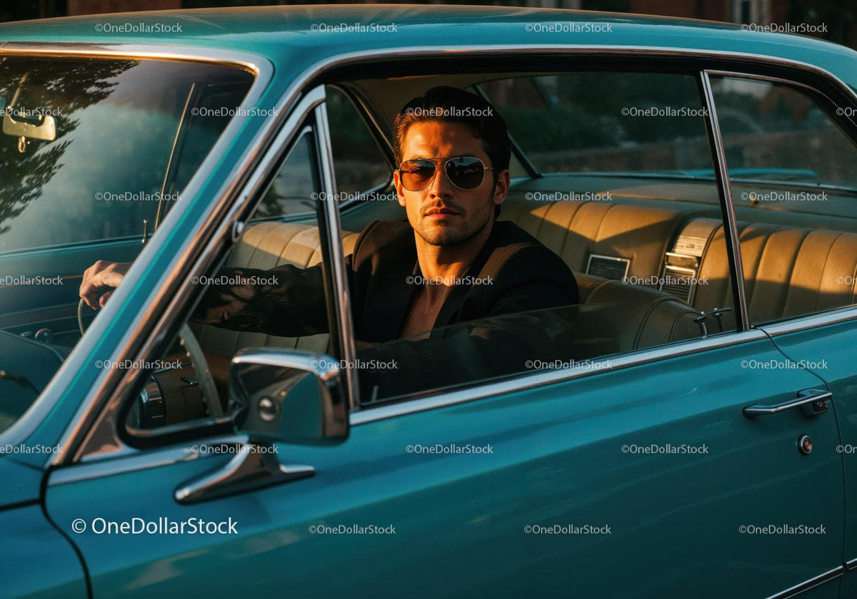 Stylish Man in Sunglasses Sitting in Classic Vintage Car at Sunset Stock Photo Bundle preview 23