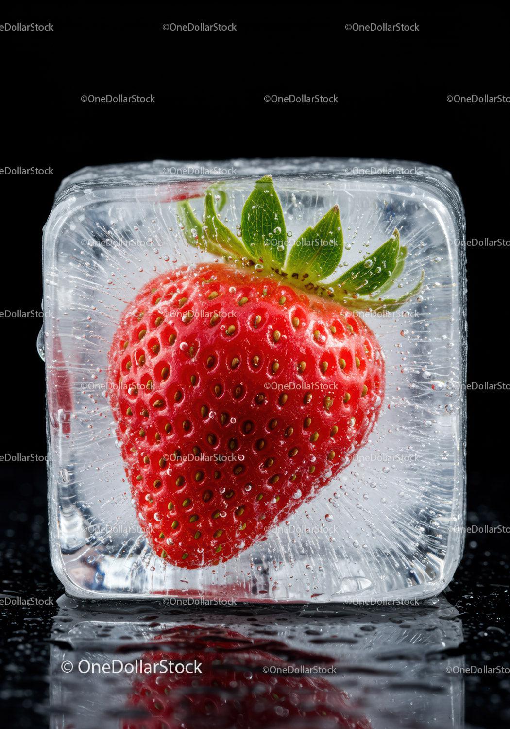 Fresh strawberry encased in clear ice cube