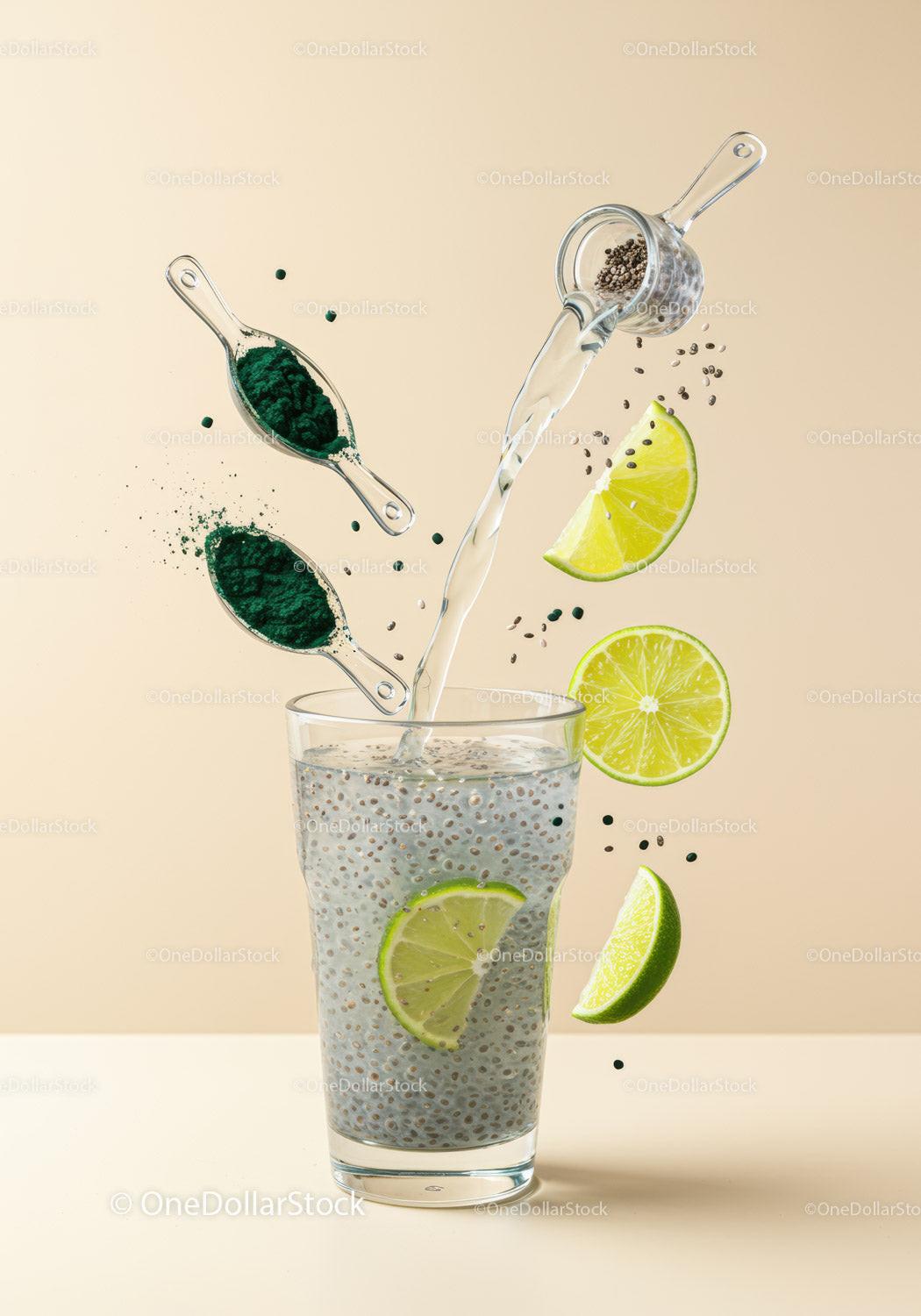 Refreshing Chia Seed Drink with Lime and Spirulina Powder
