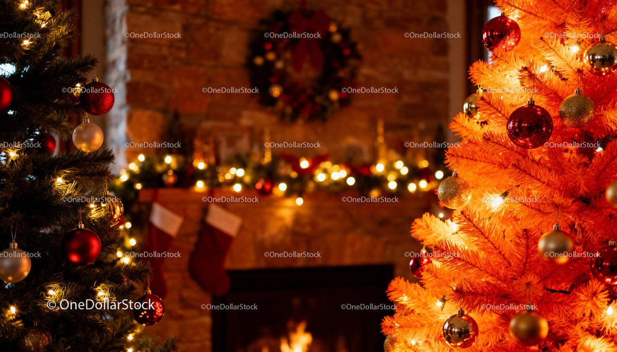 Festive Living Room with Dual Christmas Trees and Cozy Fireplace