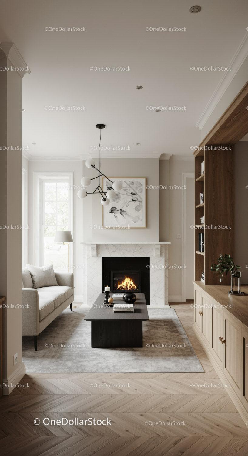 Minimalist living room with cozy fireplace and modern decor