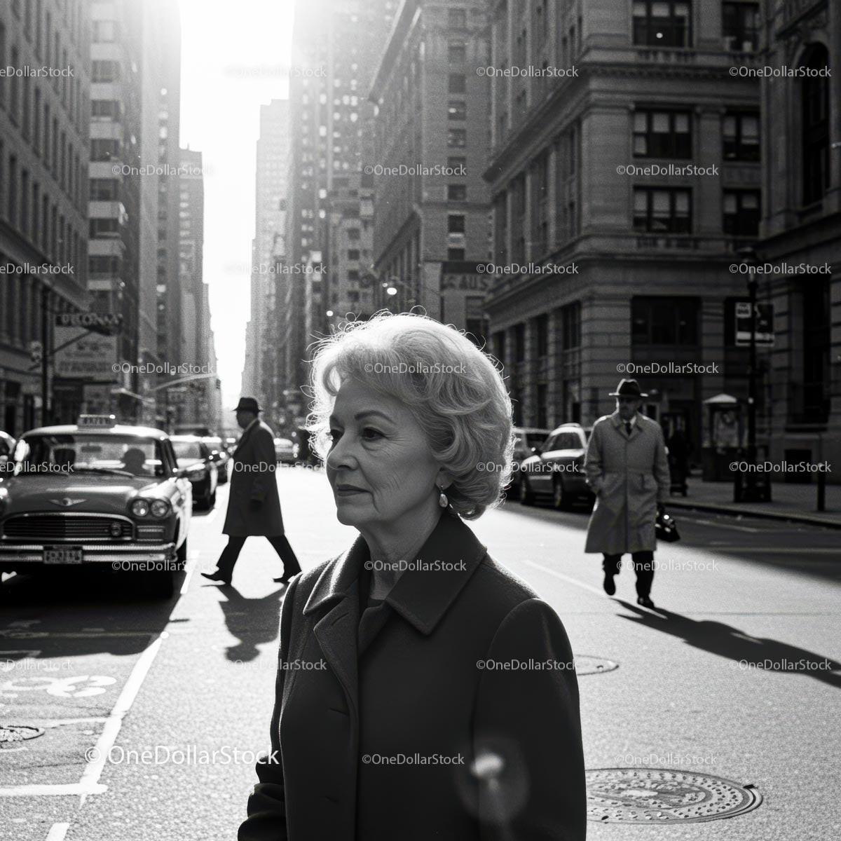 Elegant Elderly Woman Walking in Busy City Street in Classic Fashion