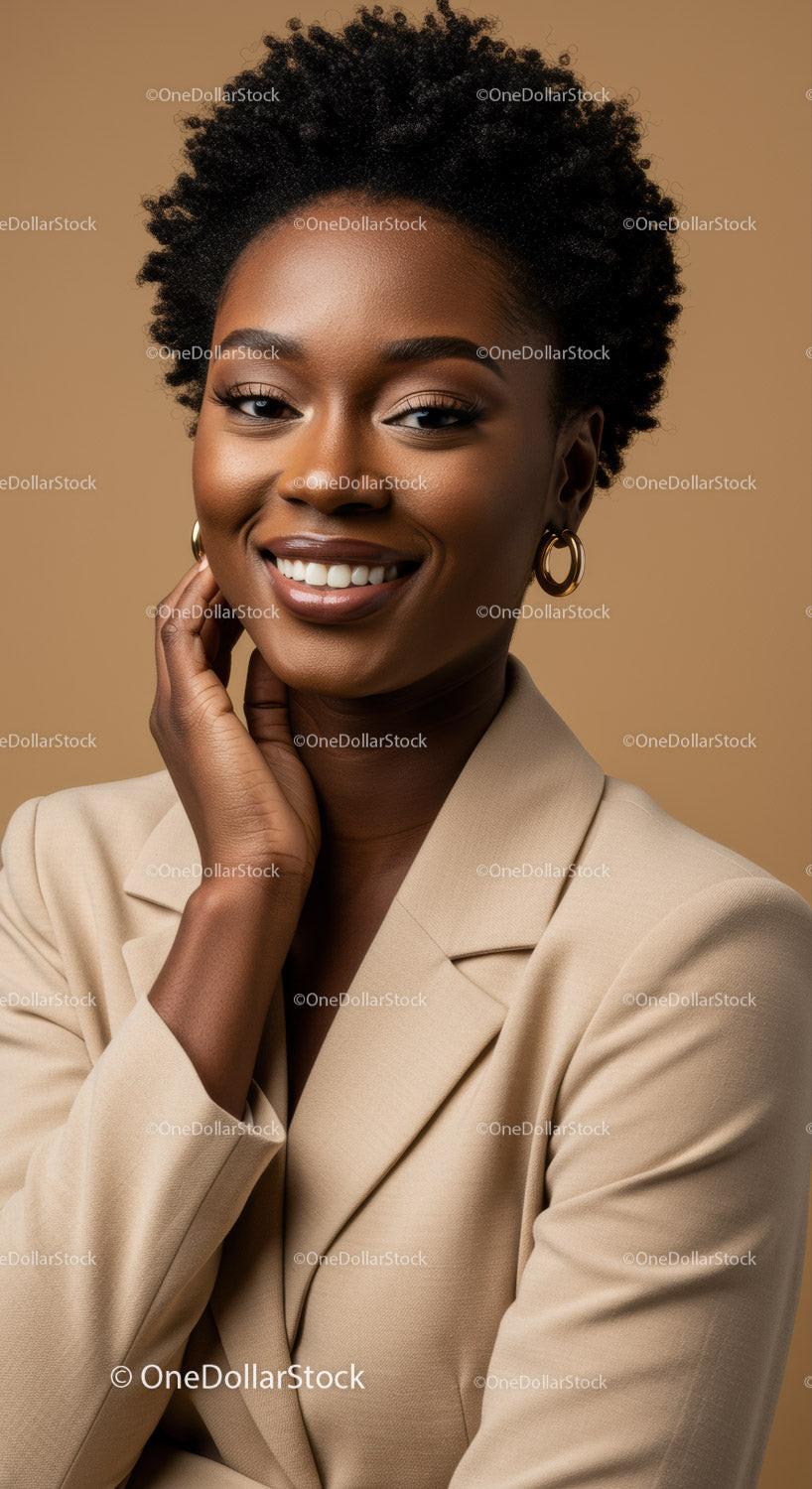 Elegant African American Woman in Beige Blazer with Confident Smile