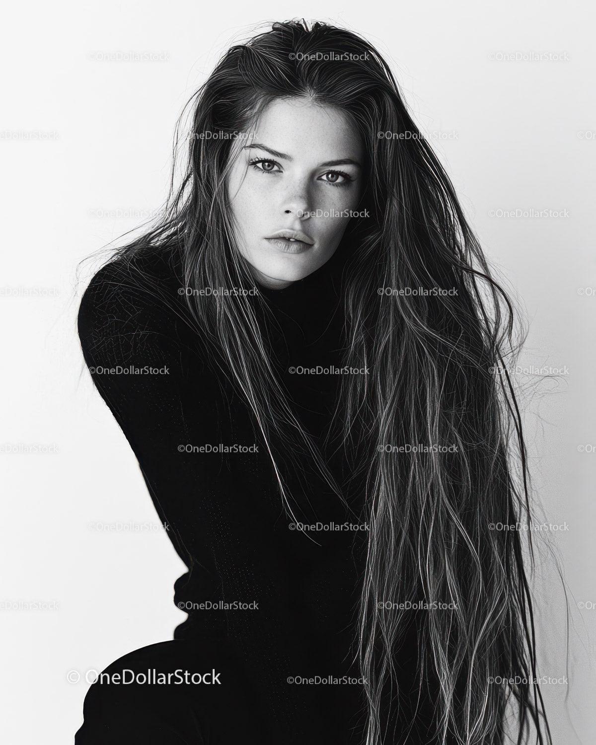 Female Portrait with Long Hair and Intense Gaze in Black and White