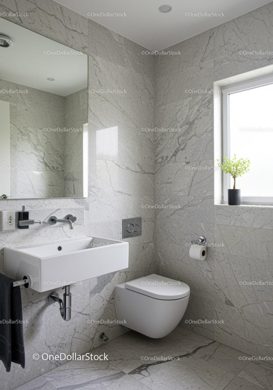 Modern Bathroom with Marble Walls and White Fixtures