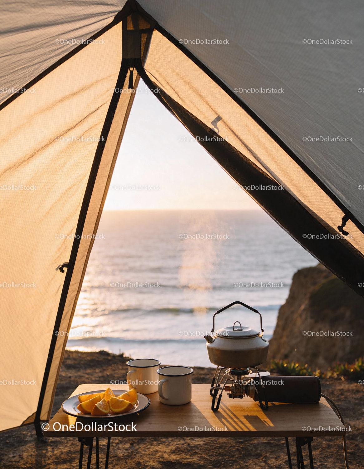Morning tea and fresh oranges with ocean view