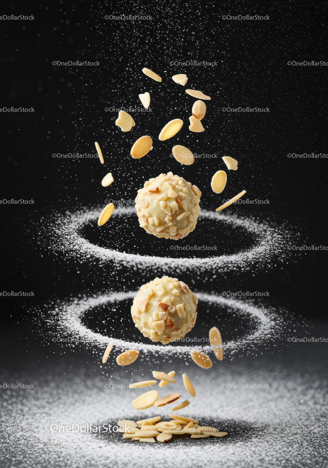 Almond-coated white chocolate truffles with floating nuts